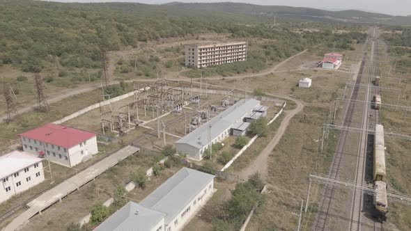 Aerial view of Traction substation of Tetritskaro railway station, Georgia 2021