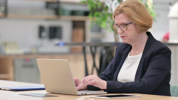 Focused Old Businesswoman Working on Laptop in Office 