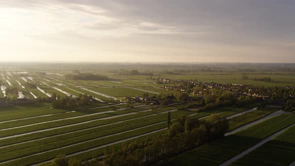 Green pastures for cattle with irrigation canals, Holland; sunset aerial