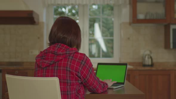 Back View of Woman Working on Laptop with Green Screen Sitting in the Kitchen