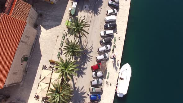 Aerial View of a Car Park on the Perast Embankment