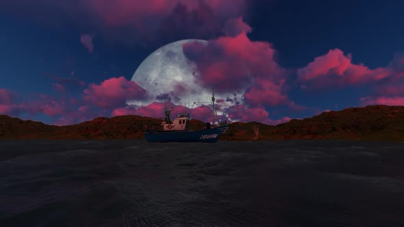 Fishing boats Sail during a full lunar eclipse and red clouds