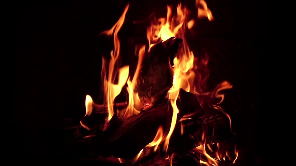 Fireplace, Red Bonfire Burning on Black Background in Slow Motion