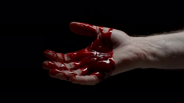 Closeup Caucasian Male Hand Covered in Blood Crime Scene Bloody Hand Isolated on Black Background