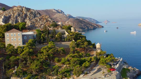 Aerial View of Hydra Old Town and Marina or Seaport Greece  Drone Videography