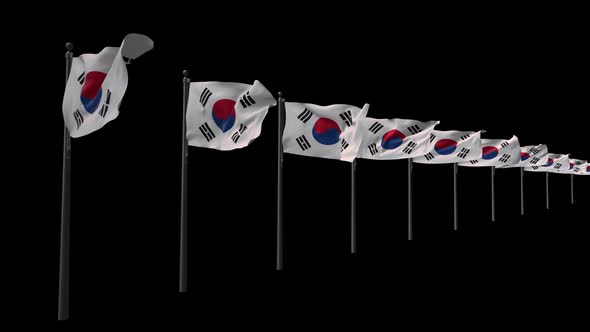Row Of South Korea Flags With Alpha 4K