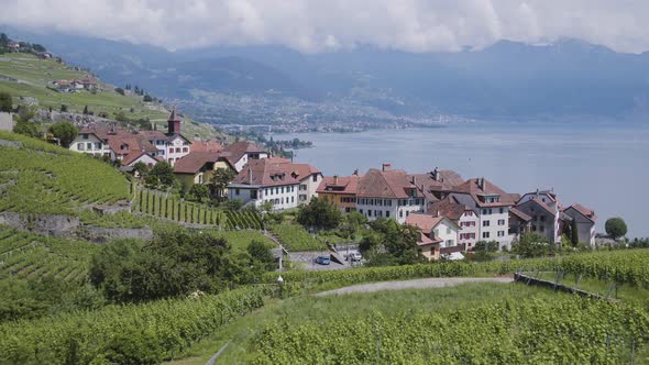 Aerial shot of typical village in Lavaux vineyard, SwitzerlandVillage name: RivazShot on Inspire2