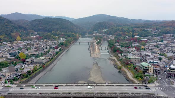 Aerial view 4k by drone of river in Uji City