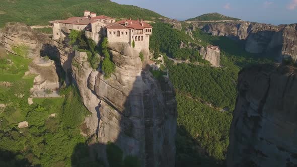 Drone view of Varlaam Monastery and Meteora rocks in Greece
