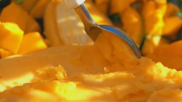 Closeup of the Spoon Slowly Scooping Frozen Yellow Mango Icecream Gelato