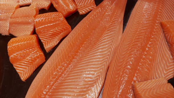 Close Up of Fresh Salmon Fillet on Display on Grocery Store