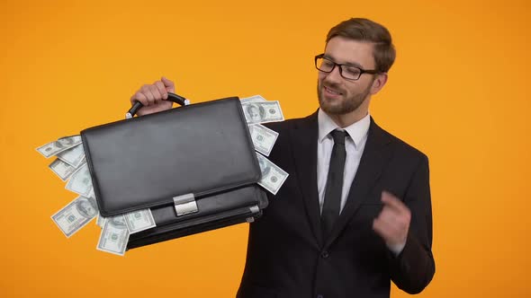 Confident Man in Suit Pointing on Briefcase Full of Dollars, Crowdfunding Income