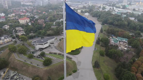 Kyiv, Ukraine Aerial View in Autumn : Ukrainian Flag. Kiev