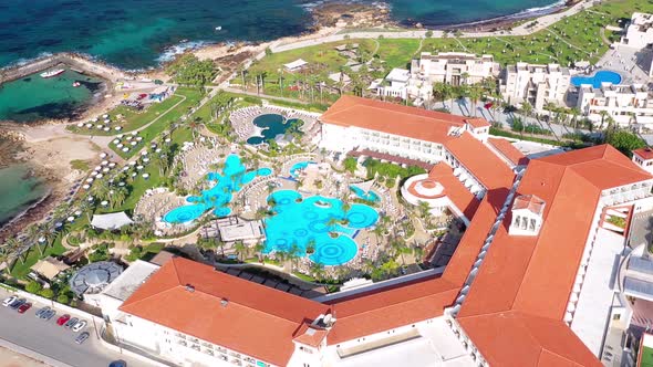 Panoramic view of the coastal resort in Geroskipou area, Paphos. Cyprus