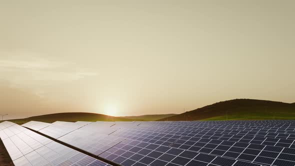 Beautiful sunset against the background of solar panels