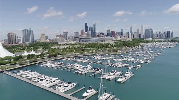 Aerial shot of Burnham Harbor with the Chicago skyline