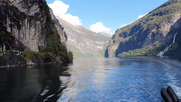 Impressive view of the Geiranger Fjord in Norway. Cruising over the fjord
