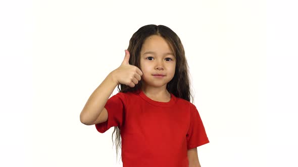 Portrait Smart Kid Showing Thumbs Up Her Hands on White Background