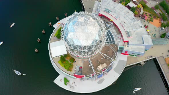 Aerial View Of Science World At Telus World of Science In Vancouver, BC, Canada.