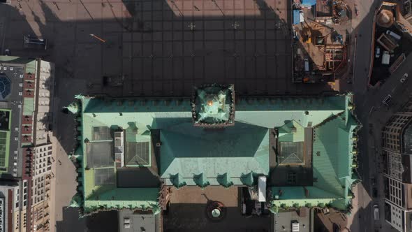 Aerial Overhead Top Down View of Green Roof of Hamburg City Hall in the Urban City Center