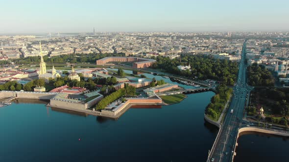 Amazing View of the Peter and Paul Fortress and Trinity Bridge From the Air at Dawn in the Summer.