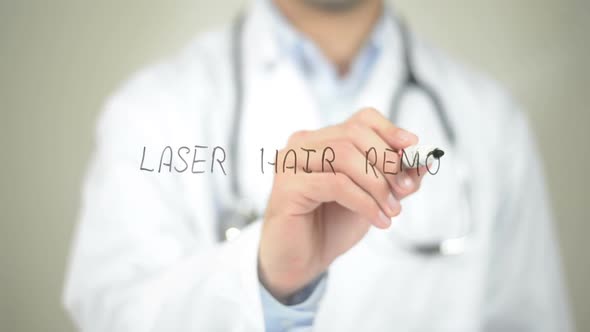 Laser Hair Removal, Doctor Writing on Transparent Screen