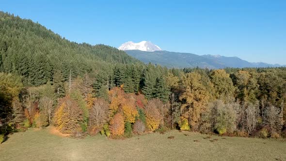 Ariel drone footage revealing the snow-capped peak of Mt. Rainier in Washington State.