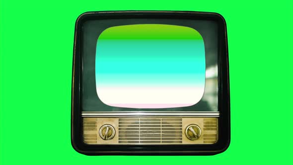 Vintage Tv With Blue Screen On A Green Background. Chroma Key Tv Copy Space