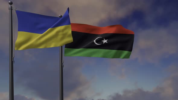 Libya Flag Waving Along With The National Flag Of The Ukraine - 4K