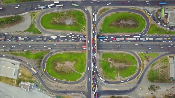 Aerial view of geometrical roundabouts and roads in Rimac, Peru.