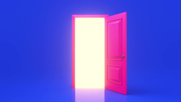 Yellow light inside an open pink door isolated on a blue background