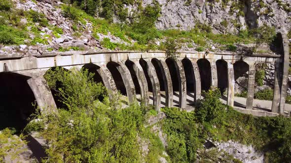 Aerial view from a drone on a road in the mountains.