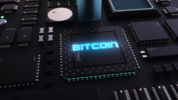 bitcoin header on the background of microprocessors on a circuit board . 