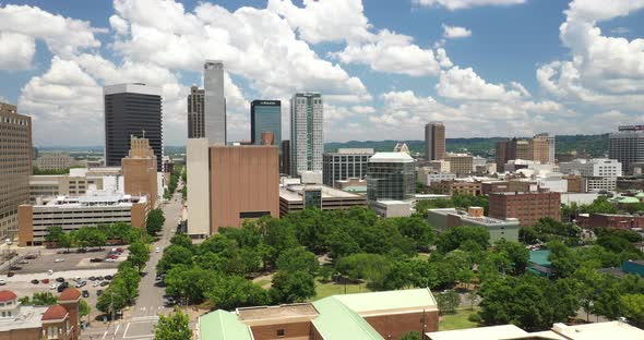 Birmingham, Alabama skyline with drone video moving sideways.