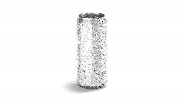 Blank white 500 ml soda can with drops, looped rotation