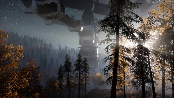 UFO Hovering Over a Forest at Night with Light Beam alt