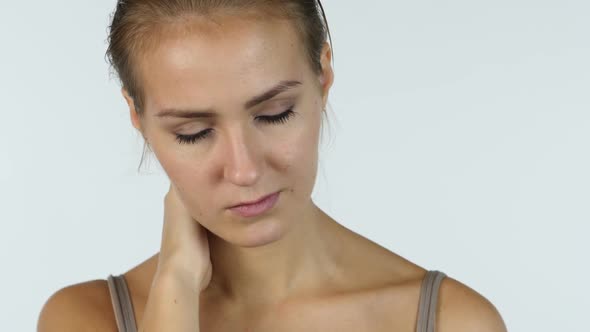 Neck Pain, Close up of Tired Girl, White Background