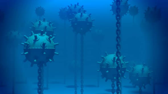 Naval underwater mines. Explosive bombs floating in the basin. Loopable. HD