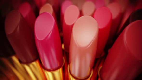 Endless animation of infinite lipsticks array. Hue of red and pink. Loopable. HD