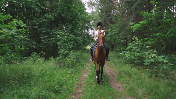 Young Woman on Horseback Riding in the Forest Horse Walking Along a Forest Path Horsewoman Ride on a