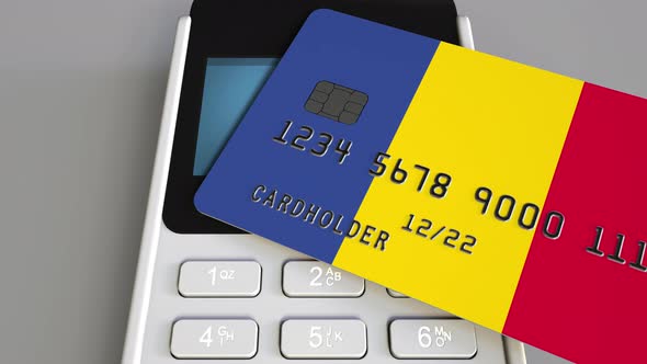 Payment Terminal with Credit Card Featuring Flag of Romania alt