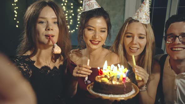Happy Multiracial Friends Selfie Congratulating with Birthday Excited Asian Girl Giving Cake