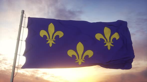 Ile De France Flag France Waving in the Wind Sky and Sun Background