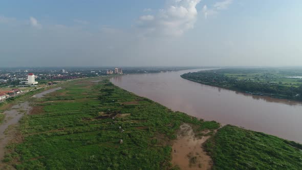 The Mekong River on the edge of the city of Vientiane in Laos seen from the sky