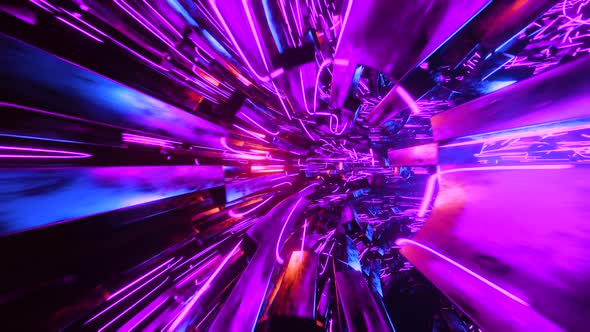 Flying through a circular tunnel with neon purple lights