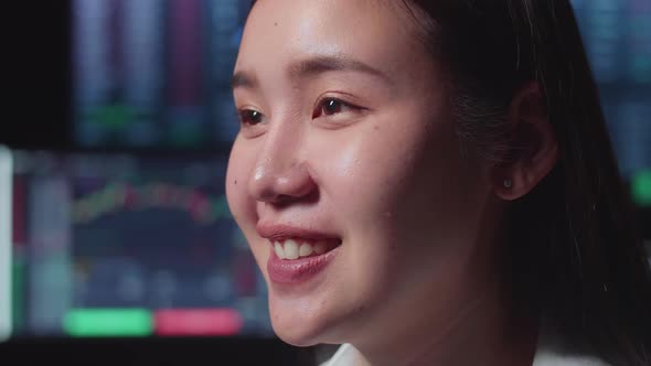 Close Up Of Asian Female Stock Market Broker Working On Computer With Analysing Graphs