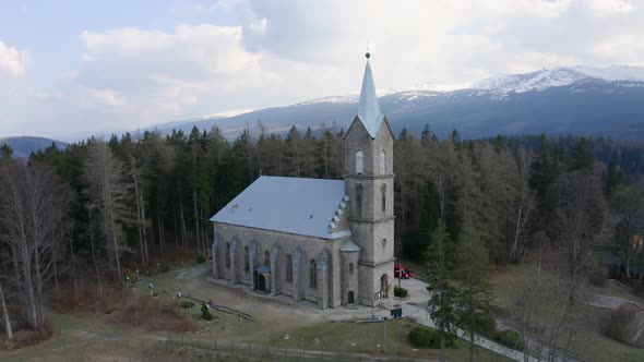 Aerial of Church in Forest 