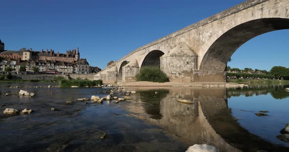 Gien, Loiret department, France. Low water level in the Loire river during a dryness season.