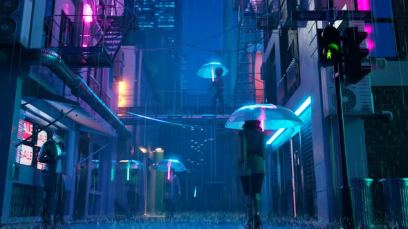 People walking under umbrellas in the rain along the street in the neons lights.