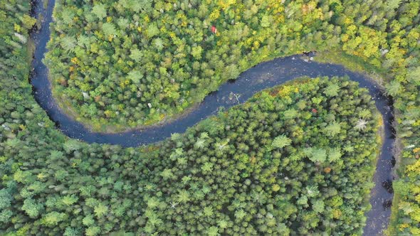 TOP DOWN drone footage flying towards a curve in a river